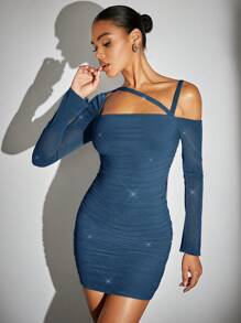 SHEIN BAE 不對稱領褶邊金屬亮絲緊身洋裝 - 水鴨藍 - 查看 1