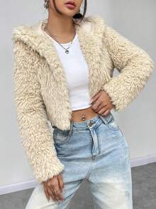 SHEIN Unity Open Front Hooded Fuzzy Coat - Khaki - View 6