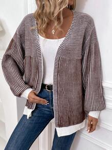 SHEIN LUNE Striped Pattern Drop Shoulder Duster Cardigan - Coffee Brown - View 4