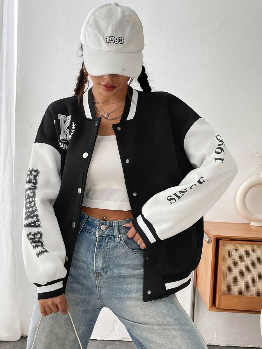 SHEIN Unity Đồ họa Chữ cái Thả vai Hai âm Áo khoác Đại học - Đen và trắng - Xem 1