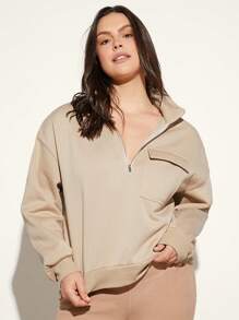 SHEIN BASICS 大碼舒適搖粒絨翻蓋口袋落肩袖運動衫 - 杏色 - 查看 3