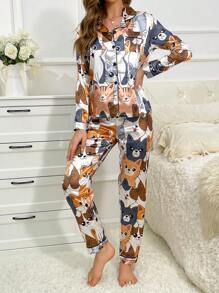 Cartoon Graphic Contrast Piping Satin PJ Set / Pajama Set - Multicolor - View 5
