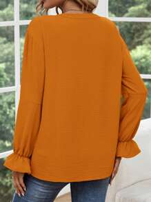 SHEIN LUNE Notched Neck Flounce Sleeve Plicated Detail Blouse - Khaki - View 3