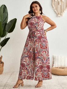 SHEIN VCAY Hơn In hoa Paisley Thắt lưng Áo liền quần Dây thắt cổ - Nhiều màu - Xem 2