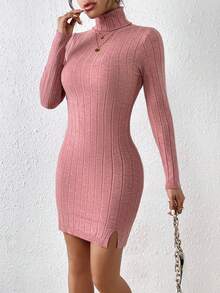 SHEIN Frenchy 高領下擺開叉緊身洋裝 - 西瓜粉 - 查看 4