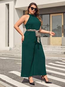 SHEIN Privé Plus Letter Graphic Jacket & Belted Wide Leg Jumpsuit