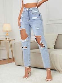 SHEIN Tall Jeans de pierna recta desgarro - Lavado ligero - Ver 5