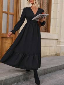 SHEIN Clasi Vestido de cuello cruzado de manga amplia bajo con fruncido - Negro - Ver 7