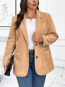 SHEIN LUNE Plus Lapel Neck Pocket Patched Overcoat Winter Fall Autumn - Camel - View 1