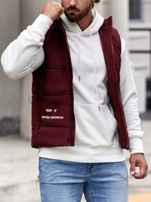 Manfinity 鬆身款男士無袖棉衣,印有字母圖案和拉鍊閉合 - 酒紅色 - 查看 5