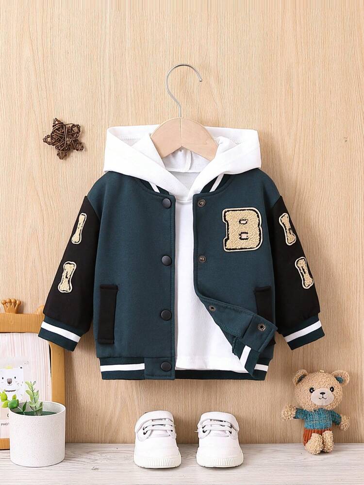 Baby Boy Letter Patched Striped Trim Varsity Jacket Without Hoodie