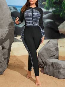 SHEIN Swim Curve Talla grande Bañador una pieza con estampado floral con cremallera delantera - Negro - Ver 1