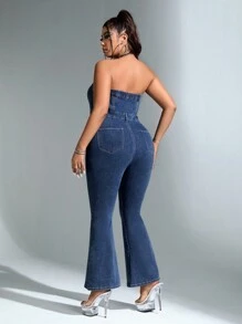 SHEIN ICON Plus Flare Leg Tube Denim Jumpsuit - Blue - View 2