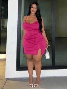 Slaydiva Hơn Viền chia cắt Váy Cami Bodycon - Màu Hồng Tươi - Xem 4