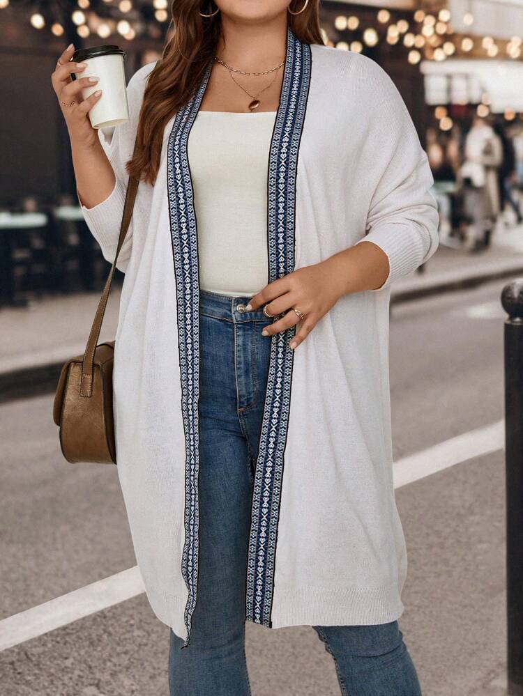 Plus Size Contrast Tape Trim Drop Shoulder Cardigan