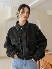 Dazy-Less Stitching Design Turn-Down Collar Denim Jacket Old Money Style,Fall Clothes