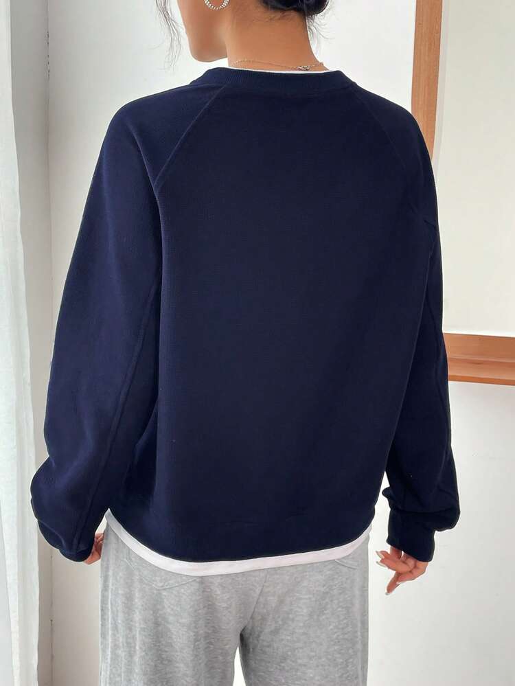 Letter Embroidery Patched Detail Raglan Sleeve 2 In 1 Sweatshirt