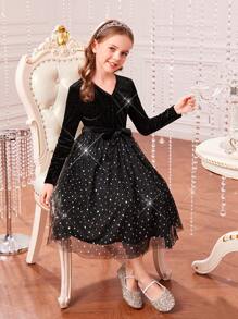 SHEIN 女大童亮片網紗覆蓋繫腰帶洋裝 - 黑色 - 查看 1