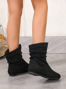 Black Pleated Flat Slip-On Casual Fashion Boots For Women - Black - View 4