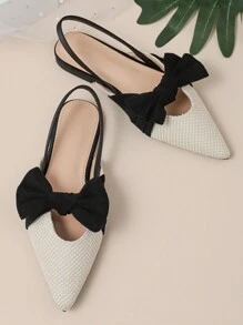 Giày bệt mũi nhọn họa tiết nơ màu thu/đông, giày lười đa năng thời trang cho nữ - Đen và trắng - Xem 6