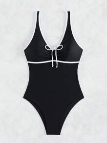 SHEIN Swim Contrast Binding Tie Front One Piece Swimsuit - Black and White - View 5
