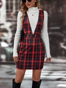 Chiquease 格紋深V領背帶洋裝無毛衣