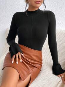 SHEIN Privé Flounce Sleeve Mock Neck Sweater - Black - View 4