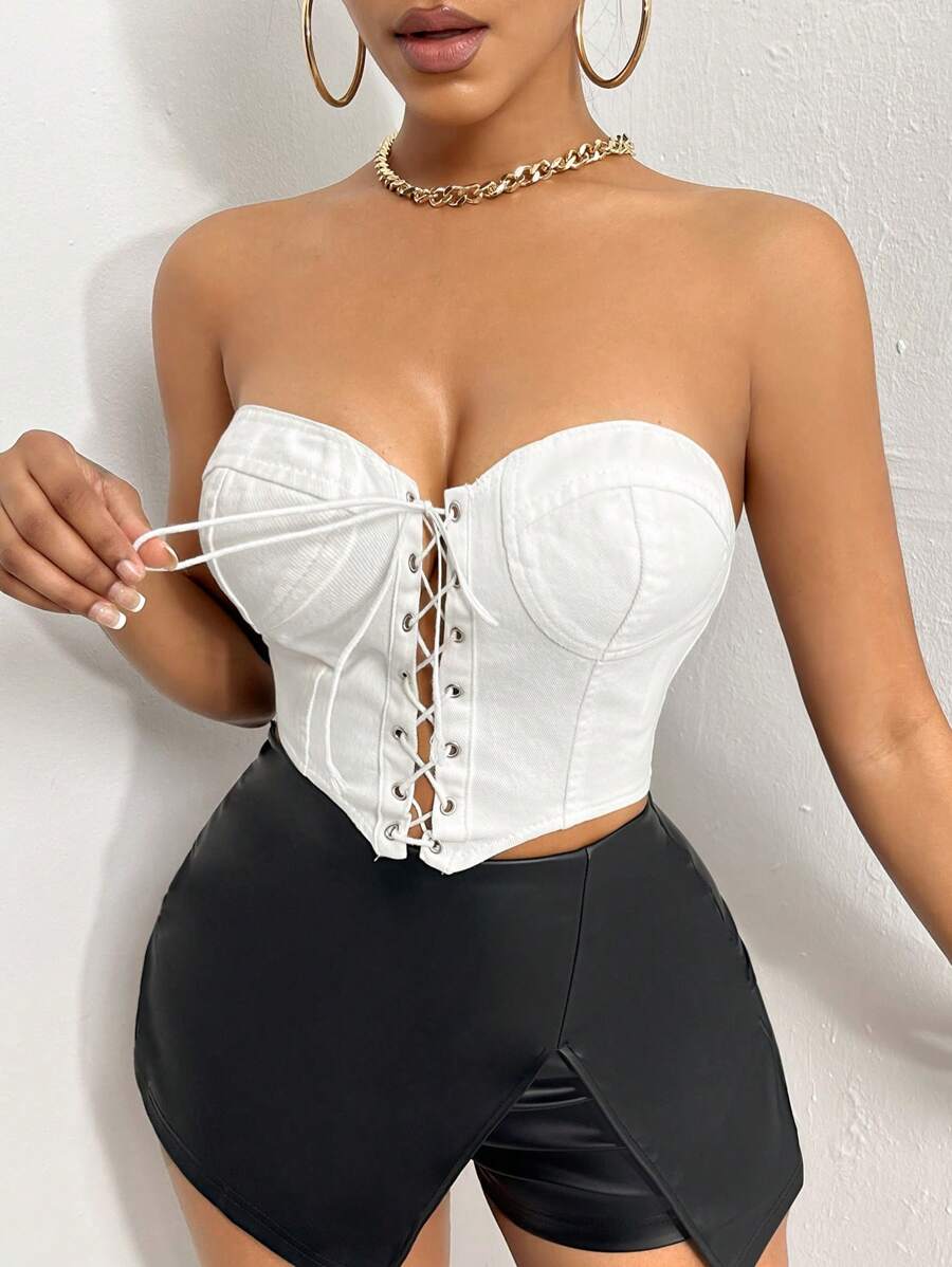 SHEIN SXY 前繫帶緊身上衣抹胸牛仔上衣 - 白色 - 查看 1