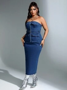 SHEIN ICON 大碼前拉鏈翻蓋口袋腰帶牛仔抹胸洋裝 - 藍色 - 查看 4