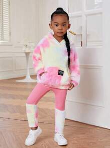 SHEIN Hanorac și jambiere de pluș cu buzunar cangur pentru fetiță Tie Dye