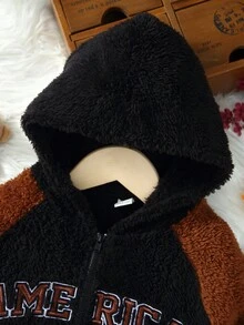 SHEIN 男小童字母刺繡插肩袖連帽毛絨夾克無毛衣 - 彩色 - 查看 3