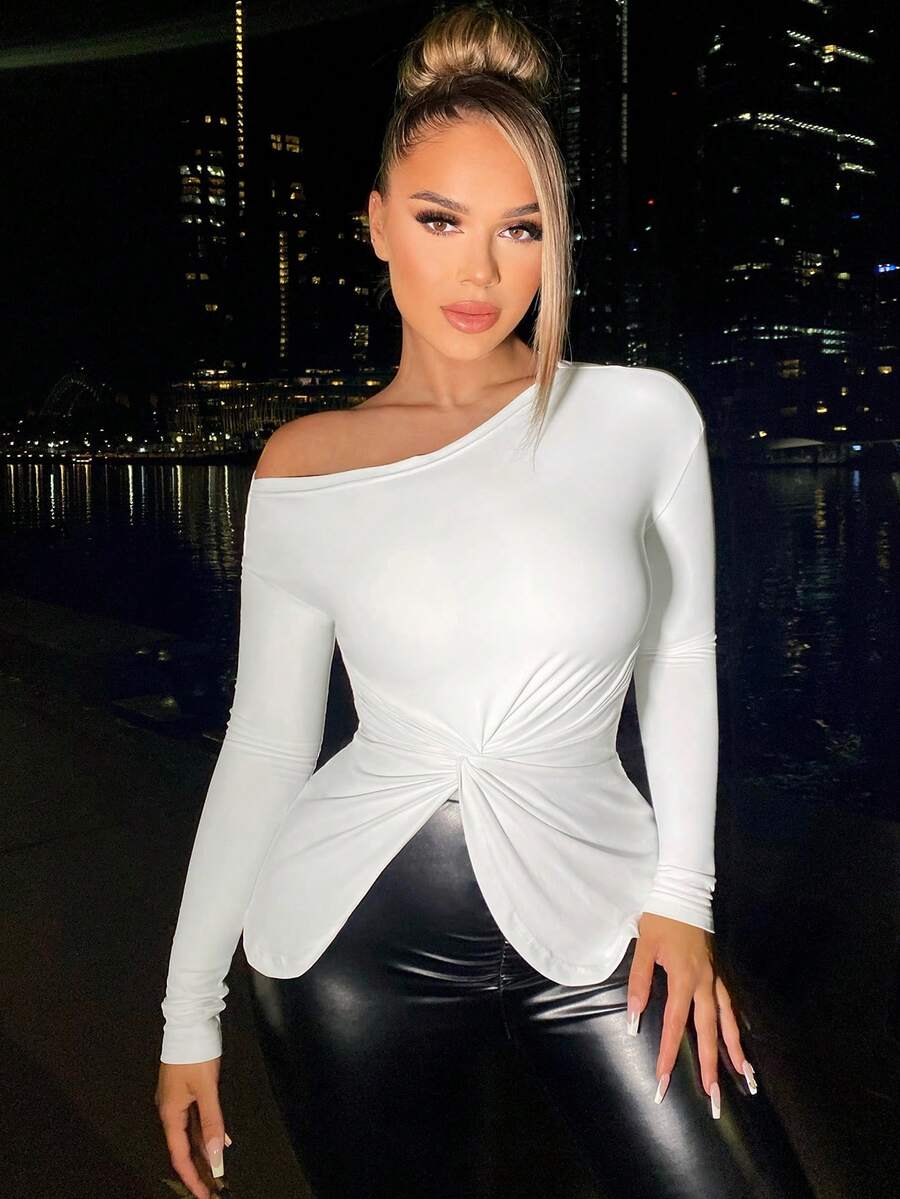 SHEIN SXY Cổ không đối xứng Mặt trước xoắn Áo thun - trắng - Xem 1