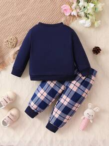 Baby Girl Cartoon Graphic Sweatshirt & Plaid Print Sweatpants - Multicolor - View 2