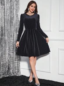 SHEIN Clasi Polka Dot Print Velvet Dress - Black - View 3