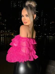 SHEIN SXY Off Shoulder Viền Ruffle Mùa vụ Lưới Áo - Màu Hồng Tươi - Xem 2