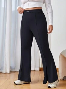 SHEIN EZwear Plus Letter Patched Detail Split Hem Flare Leg Pants - Navy Blue - View 5