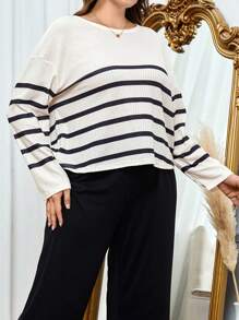 Plus Striped Print Drop Shoulder Sleep Top - Apricot - View 6