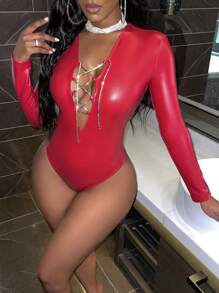 Slaydiva Lace Up Front PU Leather Bodysuit - Red - View 3