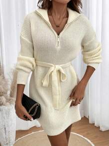 SHEIN LUNE Quarter Zip Drop Shoulder Belted Sweater Dress - Beige - View 6