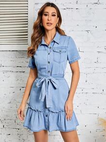 SHEIN LUNE Flap Pocket Ruffle Hem Belted Denim Dress - Light Wash - View 1