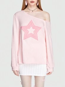 ROMWE Kawaii Camiseta con estampado de estrella de cuello asimétrico - Rosa Pálido - Ver 4