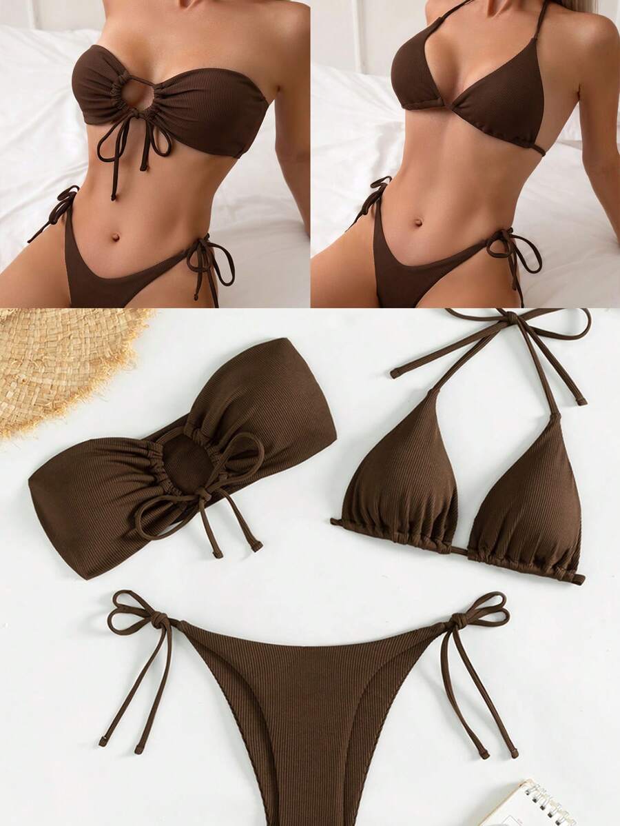 Swim Vcay Summer Beach Drawstring Halter Triangle Tie Side Bikini Set Bathing Suit