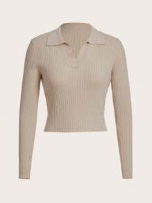 SHEIN BASICS Solid Ribbed Knit Crop Sweater - Apricot - View 7