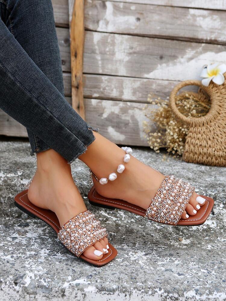 Women's Rhinestone Faux Pearl Flat Sandals - Brown - View 2