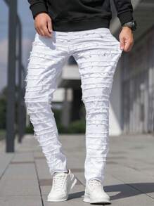 Manfinity Homme Nam Chất rắn Rách Frayed Quần jean ôm - trắng - Xem 5