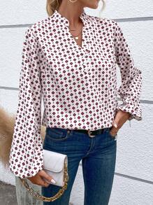 SHEIN VCAY 滿版印花燈籠袖襯衫 - 白色 - 查看 1