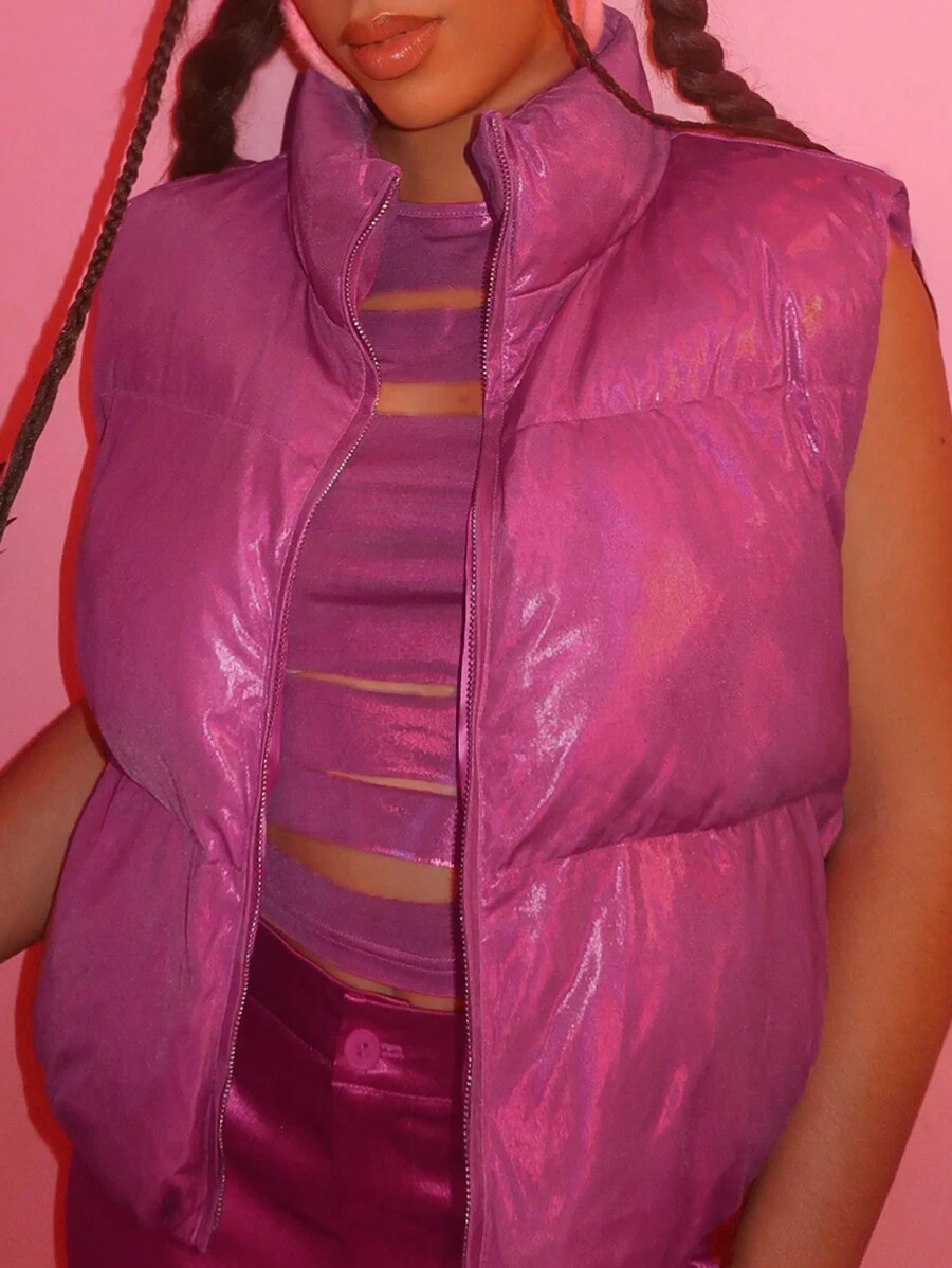 Slaydiva 拉鏈開襟羽絨背心大衣 - 玫紅色 - 查看 1