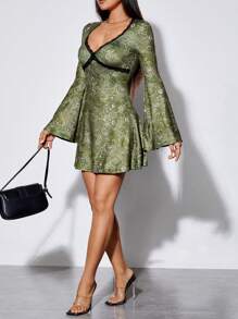 SHEIN PETITE In hoa Trang trí ren Tay áo chuông Đầm - màu xanh lá - Xem 4