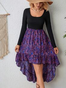 SHEIN VCAY 圖案印花前短後長荷葉邊洋裝 - 黑色 - 查看 3