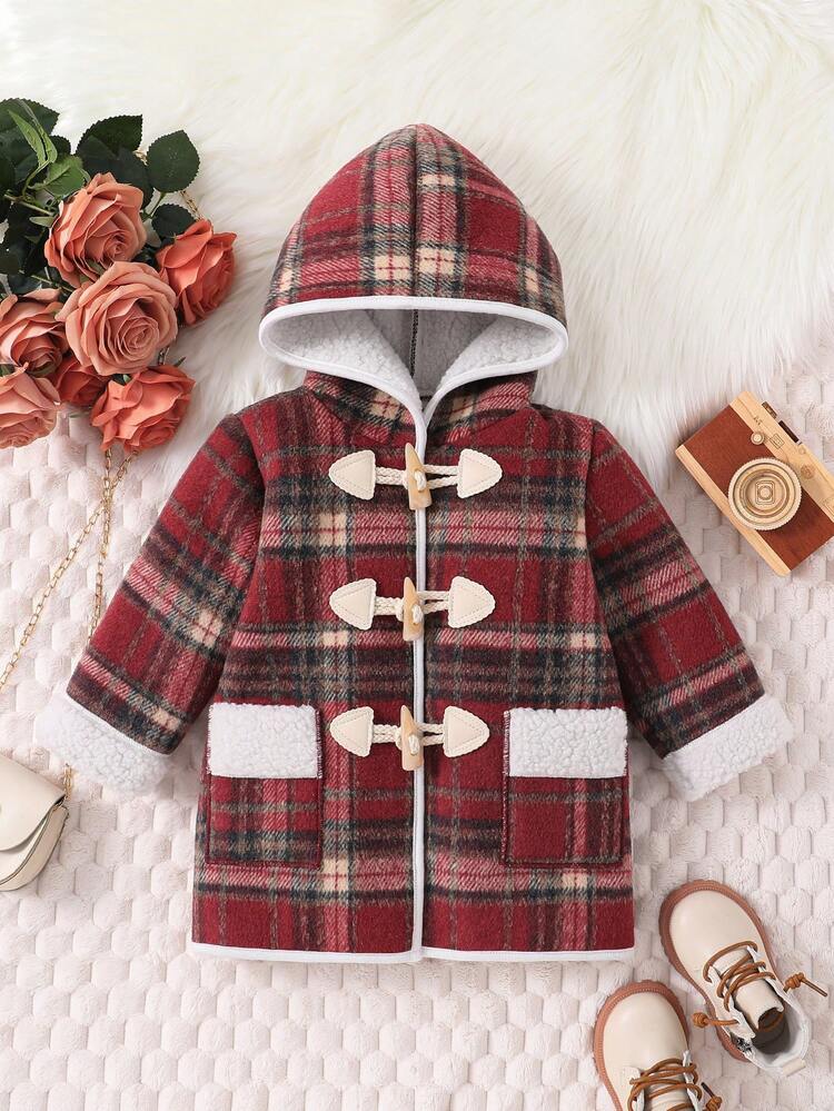 Baby Girl Tartan Print Teddy Lined Duffle Hooded Coat